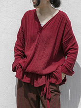 Original Design V-Neck Solid Color Loose Ruffled Lace-Up Top